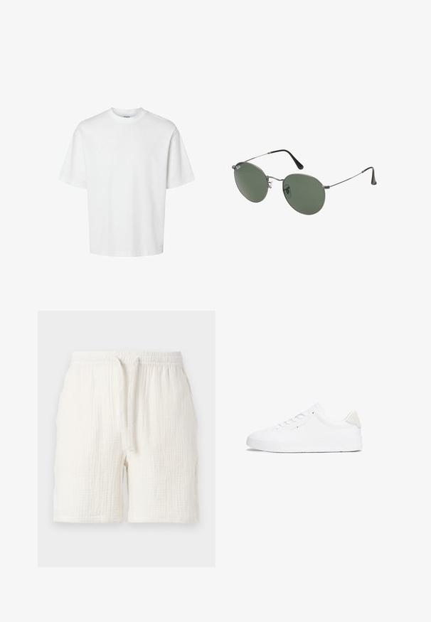 Witte katoenen t-shirt met korte mouwen, ronde hals en een relaxed fit. Gladde textuur zonder zichtbare patronen of accenten.; Lichte, witte katoenen shorts met een elastische tailleband en een trekkoord, voorzien van een kreukelige textuur en een losse pasvorm.; Witte sneaker met een glad leren bovenwerk, ronde neus, platte zool en een minimalistisch ontwerp. Voorzien van subtiele branding en een beige accent op de hak.; Metalen zonnebril met ovale groene lenzen. Dunne zilveren metalen rand en zwarte oorstoppers. Minimalistisch ontwerp, zonder zichtbare logo's.