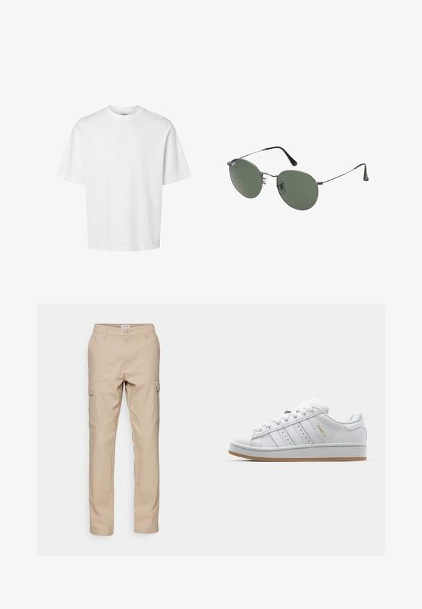 Hvit bomull t-skjorte med korte ermer, rund hals og avslappet passform. Glatt tekstur uten synlige mønstre eller detaljer.; Beige cargo bukser laget av slitesterkt stoff, med flere sidelommer, en klassisk passform og rette ben med enkel søm.; Hvit sneaker med perforert tre-stripes design, teksturerte detaljer, gummisåle og "CAMPUS" logo i gull på siden.; Metallinnrammede solbriller med ovale grønne linser. Tynn sølvfarget metallramme og svarte øreplugger. Minimalistisk design, ingen synlige logoer.