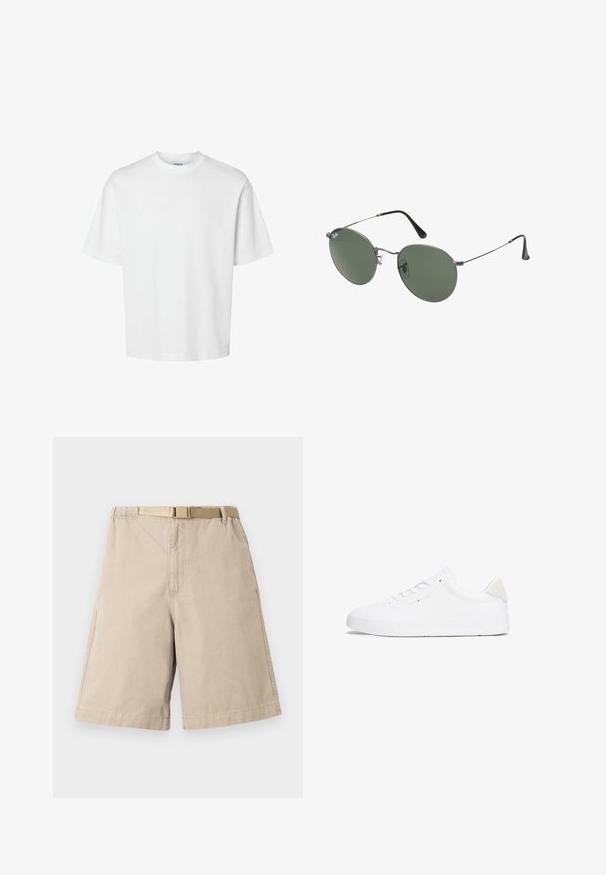 Camiseta blanca de algodón con mangas cortas, escote redondo y un corte relajado. Textura suave sin patrones o acentos visibles.; Pantalones cortos de algodón beige con un cinturón, que presentan un corte recto, bolsillos laterales y costuras reforzadas en las costuras. Textura suave en toda su superficie.; Zapatilla blanca con parte superior de cuero liso, punta redonda, suela plana y diseño minimalista. Presenta un logotipo sutil y un acento beige en el talón.; Gafas de sol con marco de metal y lentes ovalados verdes. Marco delgado de metal plateado y puntas de las orejas negras. Diseño minimalista, sin logotipos visibles.