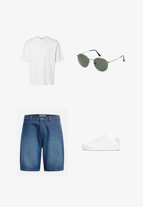 Tricou alb din bumbac, cu mâneci scurte, guler rotund și o croială lejeră. Textură netedă, fără modele sau accente vizibile.; Şorturi din denim cu un spălare albastră închisă, design clasic cu cinci buzunare, fermoar cu închidere cu buton și cusături contrastante.; Sneaker alb cu un upper din piele netedă, vârf rotund, talpă plată și un design minimalist. Prezintă un branding subtil și un accent bej la călcâi.; Ochelari de soare cu ramă metalică, dotati cu lentile ovale verzi. Ramă subțire din metal argintiu și ușițe negre. Design minimalist, fără logo-uri vizibile.