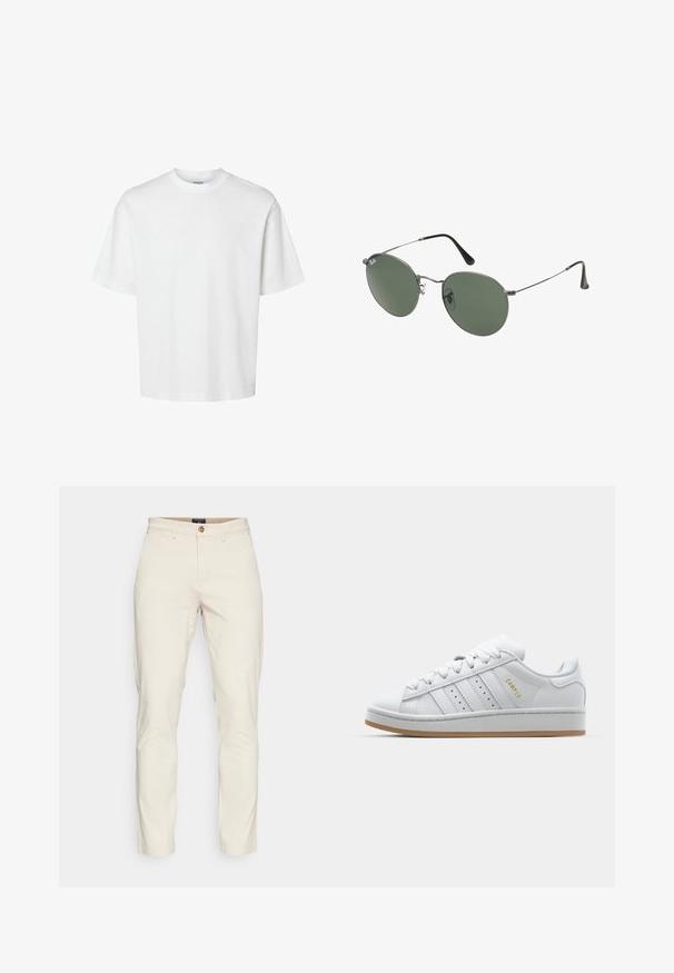Weißes Baumwoll-T-Shirt mit kurzen Ärmeln, Rundhalsausschnitt und lässigem Schnitt. Glatte Textur ohne sichtbare Muster oder Akzente.; DOCKERS SMART FLEX MOTION SLIM - Chino - sahara khaki; Weiße Sneaker mit durchbrochenem Drei-Streifen-Design, strukturierten Akzenten, einer Gummisohle und dem goldenen "CAMPUS"-Logo an der Seite.; Metallgestellte Sonnenbrille mit ovalen grünen Gläsern. Dünner silberner Metallrahmen und schwarze Ohrstücke. Minimalistisches Design, keine sichtbaren Logos.