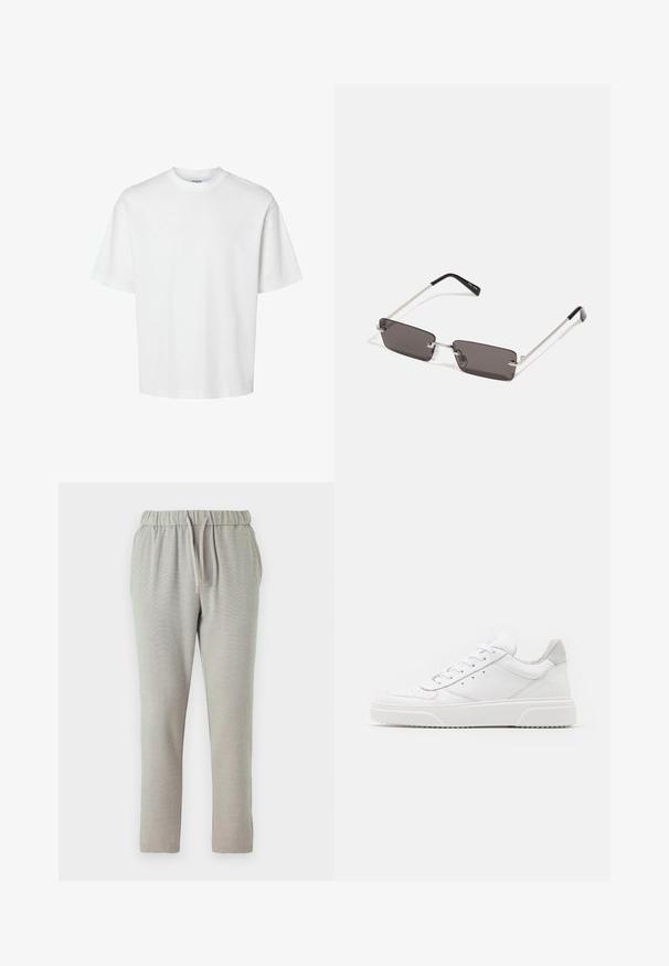 T-shirt bianco in cotone con maniche corte, scollo rotondo e vestibilità rilassata. Texture liscia senza pattern o dettagli visibili.; Pantaloni della tuta grigio chiaro caratterizzati da una vita elastica con coulisse, gambe affusolate e un tessuto testurizzato per un comfort aggiunto.; Sneaker bianche in pelle con finitura liscia, punta arrotondata, lacci piatti e suola texturizzata. Accento in suede grigio sul tallone.; Occhiali da sole con lenti rettangolari di colore grigio scuro, montatura in metallo argentato e punte nere in plastica sulle asticelle. Design leggero con cuscinetti per il naso.
