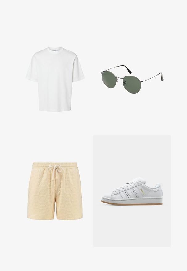 Weißes Baumwoll-T-Shirt mit kurzen Ärmeln, Rundhalsausschnitt und lässigem Schnitt. Glatte Textur ohne sichtbare Muster oder Akzente.; Cremefarbene Shorts aus strukturiertem Stoff mit einem geometrischen Muster. Der Bund ist elastisch und verfügt über einen Kordelzug zur Anpassung.; Weiße Sneaker mit durchbrochenem Drei-Streifen-Design, strukturierten Akzenten, einer Gummisohle und dem goldenen "CAMPUS"-Logo an der Seite.; Metallgestellte Sonnenbrille mit ovalen grünen Gläsern. Dünner silberner Metallrahmen und schwarze Ohrstücke. Minimalistisches Design, keine sichtbaren Logos.