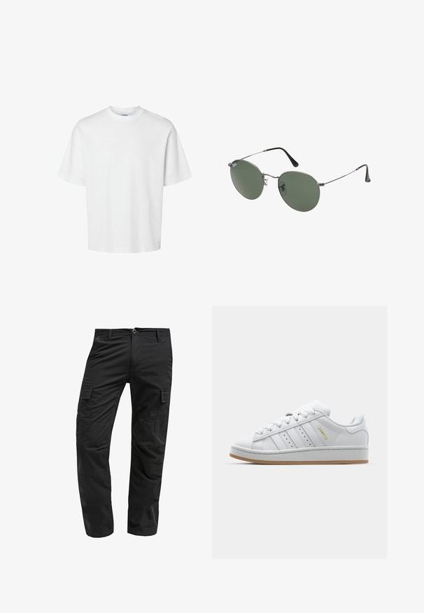 Valge puuvillane t-särk lühikeste varrukatega, ümmarguse kaelusega ja lõdva lõikega. Sile tekstuur, ilma nähtavate mustrite või aktsentideta.; Mustad mustad püksid sirge lõikega, valmistatud vastupidavast kangast, millel on mitmed küljetaskud ja nupuga kinnitamine vööl.; Valge tenniseking, millel on perforeeritud kolmerealine disain, tekstureeritud aktsendid, kummist talla ja külgedel kuldne "CAMPUS" logo.; Metallist raamistikuga prillid ovaalsete roheliste läätsedega. Õhuke hõbedane metallraam ja mustad kõrvakatted. Minimalistlik disain, nähtavad logod puuduvad.