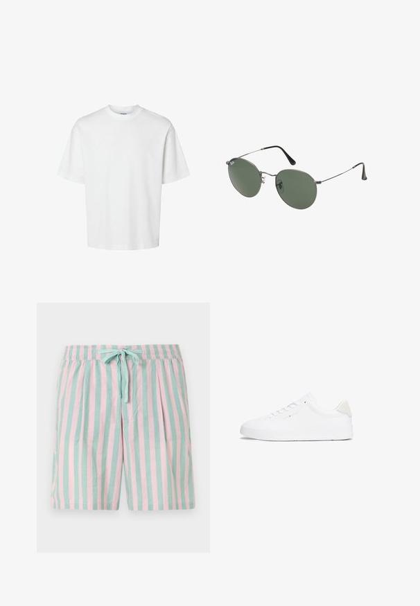 Camiseta blanca de algodón con mangas cortas, escote redondo y un corte relajado. Textura suave sin patrones o acentos visibles.; Pantalones cortos ligeros a rayas con rayas verticales alternadas en tonos azul verdoso y rosa, una cinturilla elástica y un detalle de lazo en la parte delantera.; Zapatilla blanca con parte superior de cuero liso, punta redonda, suela plana y diseño minimalista. Presenta un logotipo sutil y un acento beige en el talón.; Gafas de sol con marco de metal y lentes ovalados verdes. Marco delgado de metal plateado y puntas de las orejas negras. Diseño minimalista, sin logotipos visibles.