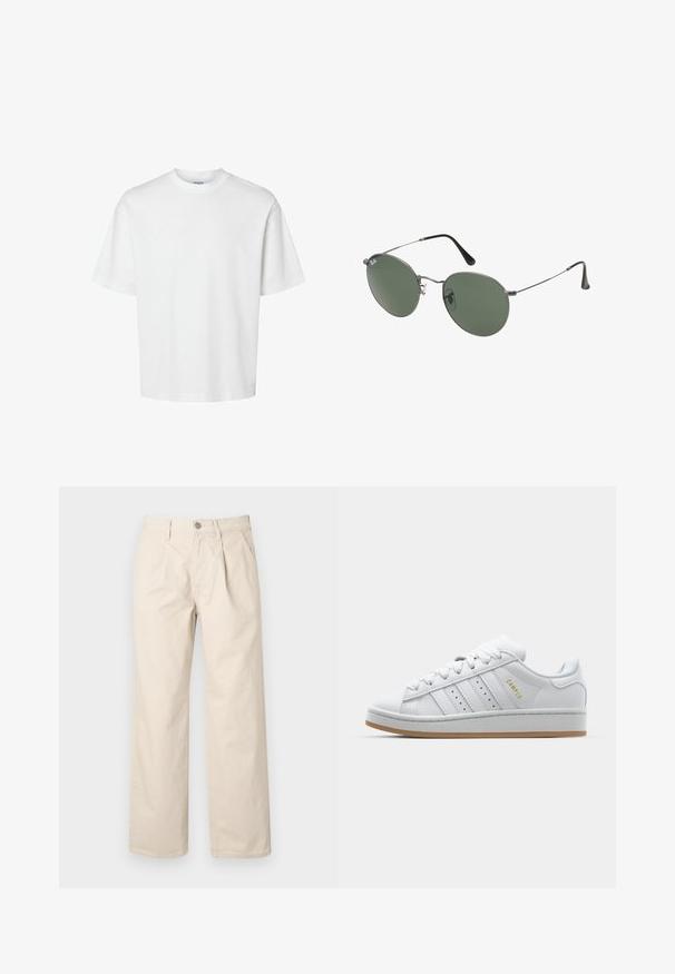 Camiseta blanca de algodón con mangas cortas, escote redondo y un corte relajado. Textura suave sin patrones o acentos visibles.; Pantalones de pierna ancha beige con cintura alta, que cuentan con pliegues frontales, cierre con botón en la parte delantera y una suave tela de algodón.; Zapatilla blanca con diseño de tres rayas perforadas, acentos texturizados, suela de goma y el logo "CAMPUS" en dorado en el lateral.; Gafas de sol con marco de metal y lentes ovalados verdes. Marco delgado de metal plateado y puntas de las orejas negras. Diseño minimalista, sin logotipos visibles.