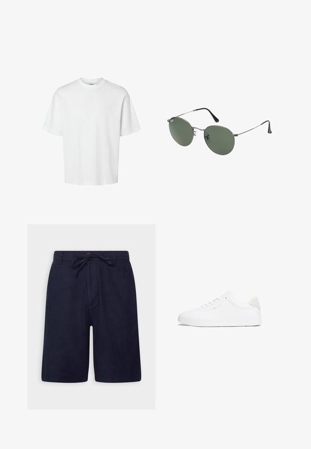 T-shirt branca de algodão com mangas curtas, decote redondo e um corte solto. Textura suave sem padrões ou detalhes visíveis.; Calções azul-marinho feitos de um tecido leve, com cintura elástica ajustável, fecho de botão e bolsos laterais. Textura suave e corte ajustado.; Sapatilha branca com um cabedal de couro liso, biqueira redonda, sola plana e design minimalista. Apresenta uma marcação discreta e um detalhe em bege na parte do calcanhar.; Óculos de sol com armação metálica e lentes verdes ovais. Armação fina em metal prateado e pontas das orelhas pretas. Design minimalista, sem logótipos visíveis.