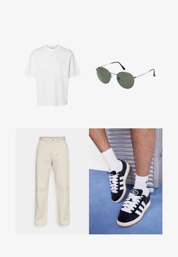 Valge puuvillane t-särk lühikeste varrukatega, ümmarguse kaelusega ja lõdva lõikega. Sile tekstuur, ilma nähtavate mustrite või aktsentideta.; GAP LOOSE - Püksid - moonstone; Mustad nahkjalatsid valgete paelte ja kolme valge triibuga. Omab ümmargust musta logo keele peal ning kummist tallat.; Metallist raamistikuga prillid ovaalsete roheliste läätsedega. Õhuke hõbedane metallraam ja mustad kõrvakatted. Minimalistlik disain, nähtavad logod puuduvad.