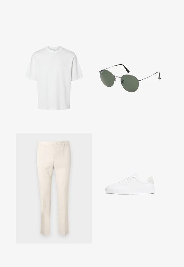 Witte katoenen t-shirt met korte mouwen, ronde hals en een relaxed fit. Gladde textuur zonder zichtbare patronen of accenten.; Lichtbeige chinos van katoen, met een vlakke voorkant, riemlussen en zijzakken. Rechtdoorgaand model met een gladde textuur.; Witte sneaker met een glad leren bovenwerk, ronde neus, platte zool en een minimalistisch ontwerp. Voorzien van subtiele branding en een beige accent op de hak.; Metalen zonnebril met ovale groene lenzen. Dunne zilveren metalen rand en zwarte oorstoppers. Minimalistisch ontwerp, zonder zichtbare logo's.