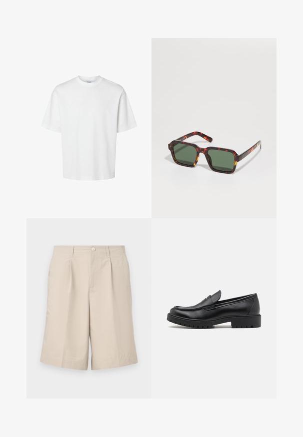 T-shirt bianco in cotone con maniche corte, scollo rotondo e vestibilità rilassata. Texture liscia senza pattern o dettagli visibili.; Shorts beige su misura realizzati in tessuto leggero, con bottone frontale, due tasche laterali e una piega dettagliata sul davanti.; Mocassini in pelle nera con punta arrotondata, design senza lacci e suola in gomma spessa con battistrada testurizzato. Tacco elevato e dettagli di cucitura discreti.; Occhiali da sole tartarugati con montatura quadrata, lenti verde scuro e accenti arancioni a contrasto lungo i bordi delle astine.; Borsa a tracolla in pelle verniciata bordeaux con forma rettangolare, due manici, accessori in argento e chiusura a patta.