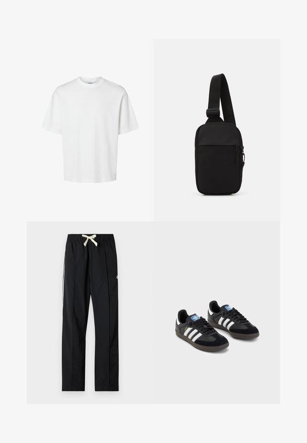 T-shirt branca de algodão com mangas curtas, decote redondo e um corte solto. Textura suave sem padrões ou detalhes visíveis.; Calças pretas, leves, com um ajuste relaxado, cinta elástica e cordão. Apresenta riscas brancas laterais e um pequeno logótipo na coxa.; Sneakers pretos com parte superior em camurça e sintético, apresentando três riscas brancas, sola de borracha texturizada e etiqueta azul no linguete.; Bolsa de ombro preta feita de tecido durável, apresentando uma única alça ajustável, um compartimento principal com fecho de correr e um bolso frontal.