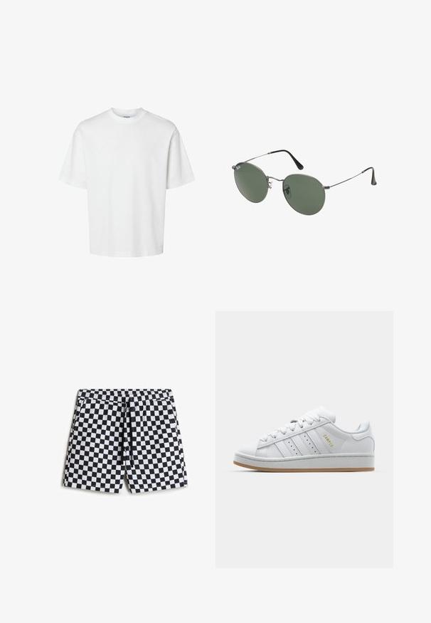 T-shirt en coton blanc à manches courtes, col rond et coupe décontractée. Texture lisse sans motifs ou accents visibles.; Shorts de bain à carreaux noir et blanc avec une taille élastique, un cordon de serrage et des poches latérales, présentant un tissu lisse et léger.; Baskets blanches avec un design perforé à trois rayures, des accents texturés, une semelle en caoutchouc et le logo "CAMPUS" en doré sur le côté.; Lunettes de soleil en métal avec des verres ovales verts. Monture en métal argenté mince et embouts d'oreille noirs. Design minimaliste, sans logos visibles.