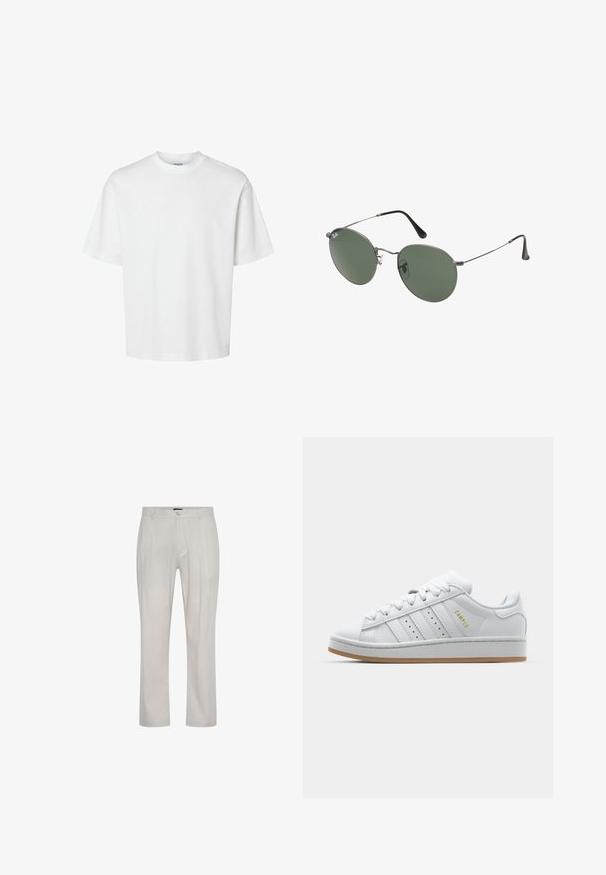 Valge puuvillane t-särk lühikeste varrukatega, ümmarguse kaelusega ja lõdva lõikega. Sile tekstuur, ilma nähtavate mustrite või aktsentideta.; Heledad beežid püksid, mis on valmistatud pehmest ja siledast kangast. Omavad sirget lõiget, esitaskute voldikuid ja ühe nööbi sulgemist vöökohtadel.; Valge tenniseking, millel on perforeeritud kolmerealine disain, tekstureeritud aktsendid, kummist talla ja külgedel kuldne "CAMPUS" logo.; Metallist raamistikuga prillid ovaalsete roheliste läätsedega. Õhuke hõbedane metallraam ja mustad kõrvakatted. Minimalistlik disain, nähtavad logod puuduvad.