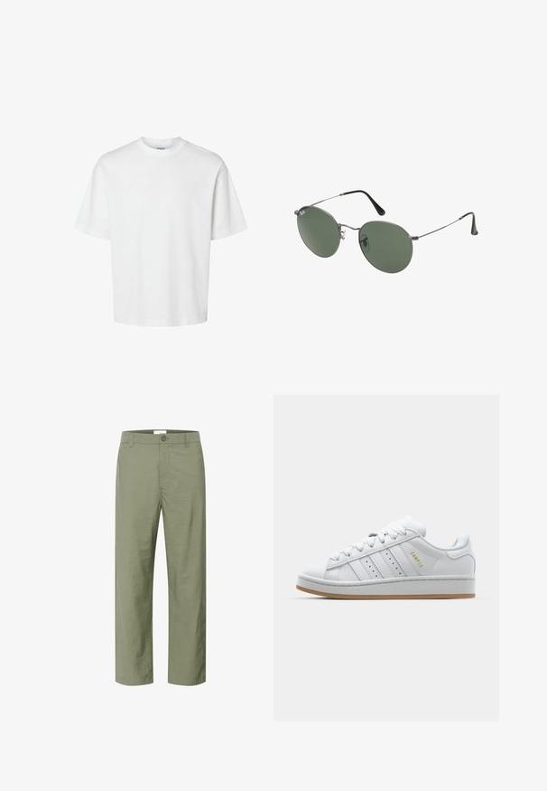 Fehér pamut póló rövid ujjakkal, kerek nyakkivágással és laza szabással. Simább textúra, látható minták vagy kiegészítők nélkül.; Világos olíva zöld nadrág sima, könnyű szövetből. Elöl gombos záródás és klasszikus egyenes lábfelépítés jellemzi.; Fehér sneaker perforált háromsávos dizájnnal, texturált akcentusokkal, gumitalppal és arany "CAMPUS" logóval az oldalon.; Fémkeretes napszemüveg ovális zöld lencsékkel. Vékony ezüst színű fémkeret és fekete fülrész. Minimalista dizájn, látható logók nélkül.