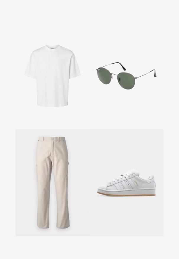 Valge puuvillane t-särk lühikeste varrukatega, ümmarguse kaelusega ja lõdva lõikega. Sile tekstuur, ilma nähtavate mustrite või aktsentideta.; Beez värvi cargo püksid, mis on valmistatud vastupidavast puuvillast, sirgete jalgadega, ees nuppe sulgemisega ja külgtaskutega utiliidi jaoks. Sile tekstuur koos peente õmblustega.; Valge tenniseking, millel on perforeeritud kolmerealine disain, tekstureeritud aktsendid, kummist talla ja külgedel kuldne "CAMPUS" logo.; Metallist raamistikuga prillid ovaalsete roheliste läätsedega. Õhuke hõbedane metallraam ja mustad kõrvakatted. Minimalistlik disain, nähtavad logod puuduvad.