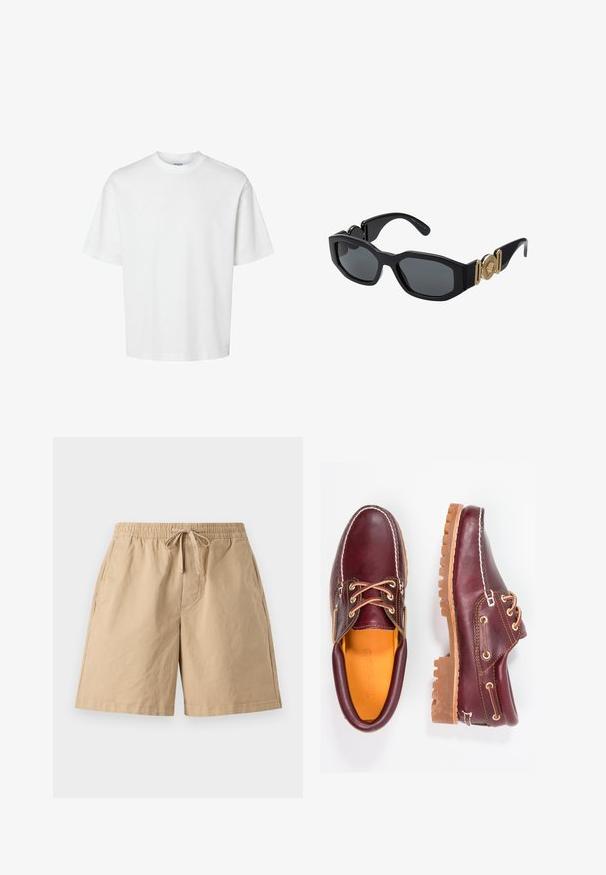 White cotton t-shirt with short sleeves, crew neckline, and a relaxed fit. Smooth texture with no visible patterns or accents.; Beige cotton shorts with an elastic waistband and adjustable drawstring, featuring side pockets and a relaxed fit. Smooth texture, knee-length.; Burgundy leather shoes with brown rubber soles, round toe, white stitching, and gold eyelets. Interior features a yellow lining.; Black sunglasses with a chunky geometric frame, dark lenses, and gold metal accents on the temples featuring a round emblem detail.