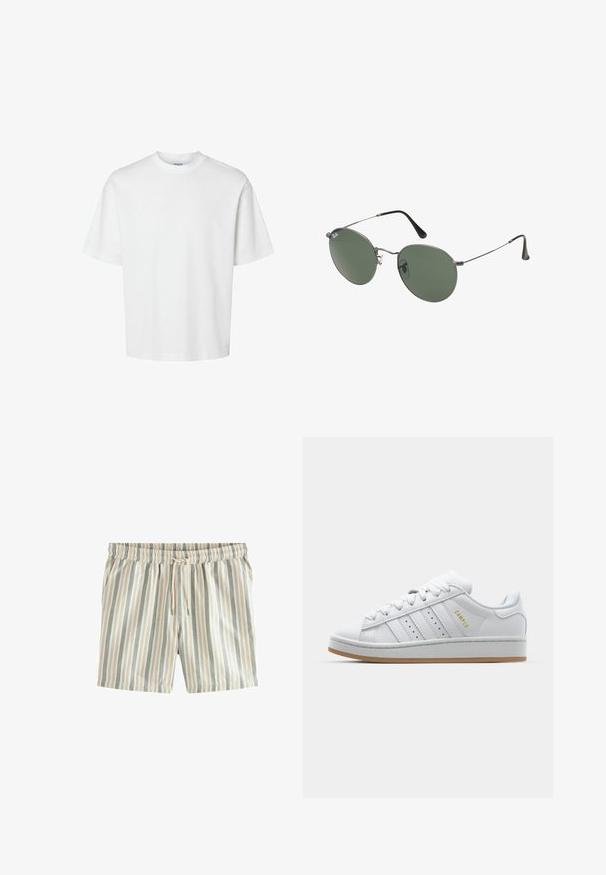 Camiseta blanca de algodón con mangas cortas, escote redondo y un corte relajado. Textura suave sin patrones o acentos visibles.; Shorts a rayas con líneas verticales en beige claro, azul pálido y gris suave. Cintura elástica con cordón; tejido ligero.; Zapatilla blanca con diseño de tres rayas perforadas, acentos texturizados, suela de goma y el logo "CAMPUS" en dorado en el lateral.; Gafas de sol con marco de metal y lentes ovalados verdes. Marco delgado de metal plateado y puntas de las orejas negras. Diseño minimalista, sin logotipos visibles.