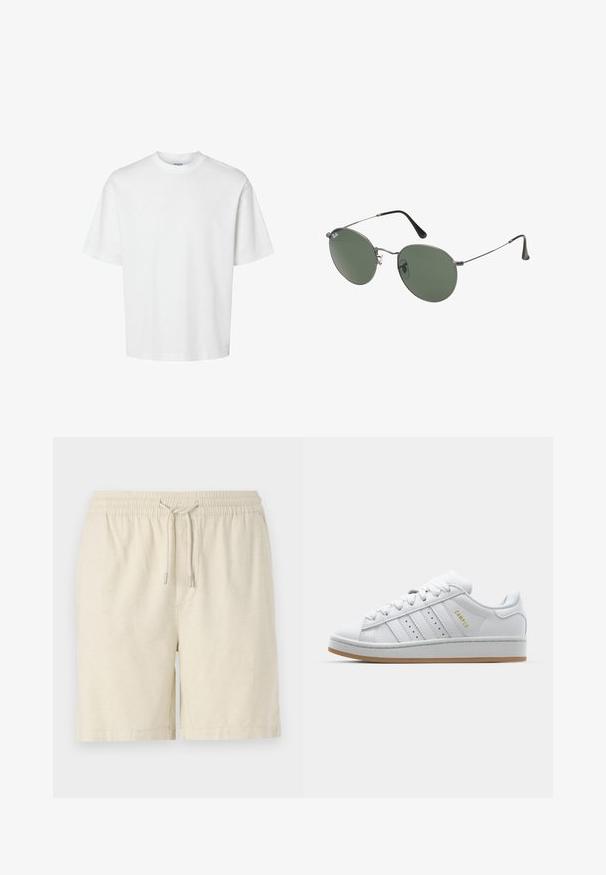 Valge puuvillane t-särk lühikeste varrukatega, ümmarguse kaelusega ja lõdva lõikega. Sile tekstuur, ilma nähtavate mustrite või aktsentideta.; Heledbeezid lühikesed püksid, mis on valmistatud tekstuuriga kangast. Omab elastset vöökohta koos kummiga ja küljetaskutega. Klassikaline lõige ja juhuslik disain.; Valge tenniseking, millel on perforeeritud kolmerealine disain, tekstureeritud aktsendid, kummist talla ja külgedel kuldne "CAMPUS" logo.; Metallist raamistikuga prillid ovaalsete roheliste läätsedega. Õhuke hõbedane metallraam ja mustad kõrvakatted. Minimalistlik disain, nähtavad logod puuduvad.