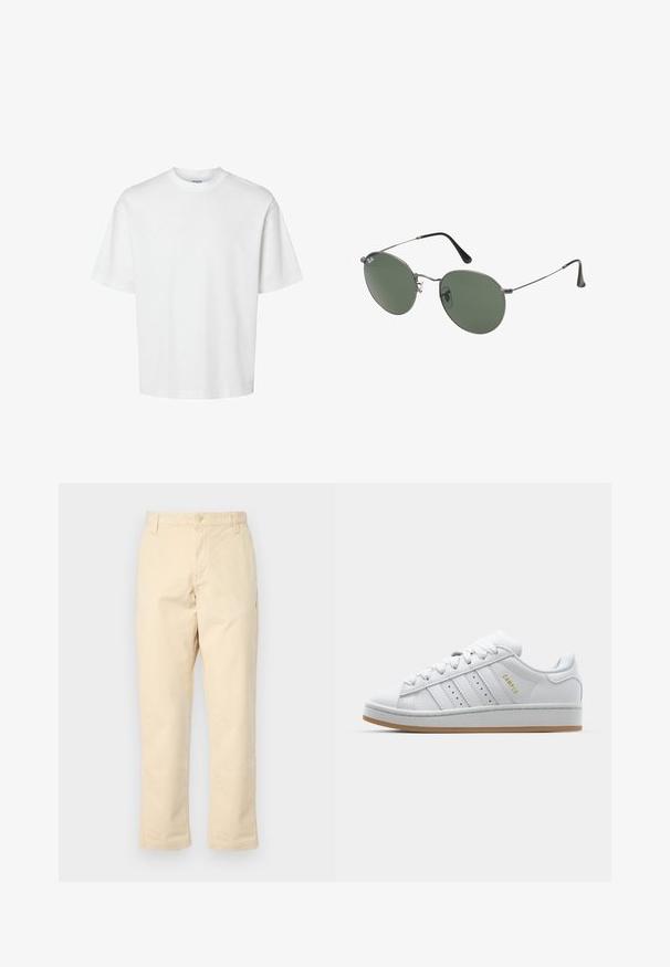 Biała bawełniana koszulka z krótkim rękawem, okrągłym dekoltem i luźnym krojem. Gładka struktura bez widocznych wzorów czy akcentów.; Beżowe bawełniane spodnie o prostym kroju, z zapięciem na guzik z przodu i dwiema kieszeniami po bokach, charakteryzujące się subtelną prążkowaną fakturą.; Białe trampki z perforowanym wzorem trzech pasków, teksturowanymi akcentami, gumową podeszwą oraz złotym logiem "CAMPUS" z boku.; Okulary przeciwsłoneczne z metalową ramą i owalnymi zielonymi soczewkami. Cienka srebrna metalowa rama i czarne końcówki zauszników. Minimalistyczny design, bez widocznych logo.