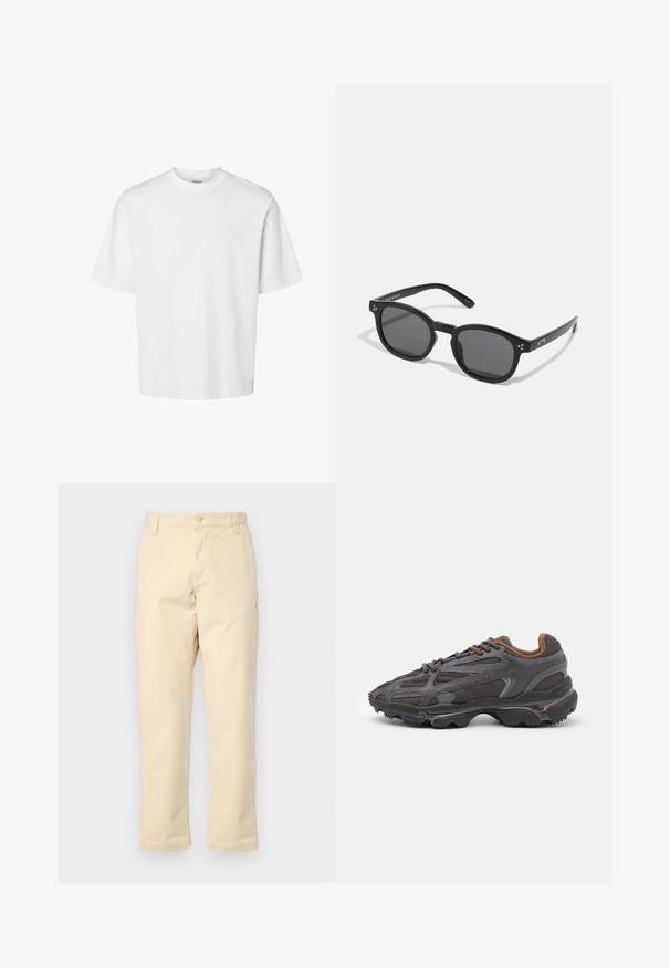 Witte katoenen t-shirt met korte mouwen, ronde hals en een relaxed fit. Gladde textuur zonder zichtbare patronen of accenten.; Beige katoenen broek met een rechte pasvorm, sluiting met een knoop aan de voorkant en twee zijzakken, met een subtiele geribbelde structuur.; Lacoste sneakers in donkergrijs van mesh en synthetisch materiaal, met een gestructureerde zool en bruine accenten op de kraag en branding.; Zwarte ovale zonnebril met donkere lenzen, dikke monturen en zilveren stipaccenten aan de zijkanten. Gladde kunststof materiaal, hedendaags ontwerp.