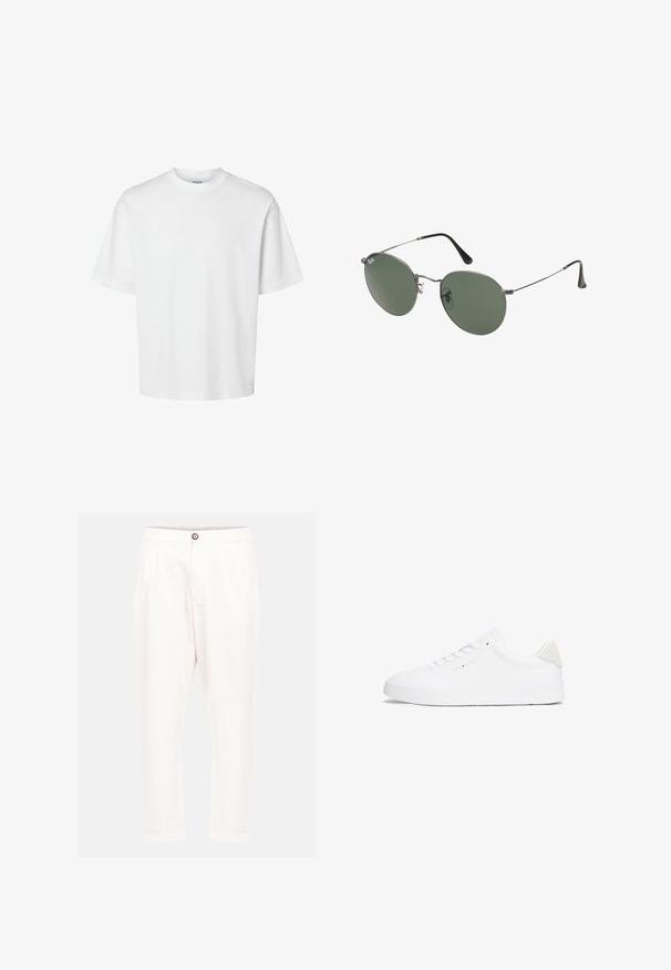 T-shirt en coton blanc à manches courtes, col rond et coupe décontractée. Texture lisse sans motifs ou accents visibles.; Pantalon en coton blanc à coupe décontractée, avec une fermeture à bouton à l'avant, deux poches latérales et des poignets retroussés. Texture lisse et lignes épurées.; Baskets blanches avec une tige en cuir lisse, bout arrondi, semelle plate et design minimaliste. Présente un branding discret et un accent beige au talon.; Lunettes de soleil en métal avec des verres ovales verts. Monture en métal argenté mince et embouts d'oreille noirs. Design minimaliste, sans logos visibles.