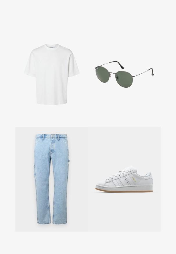 Fehér pamut póló rövid ujjakkal, kerek nyakkivágással és laza szabással. Simább textúra, látható minták vagy kiegészítők nélkül.; Világos kék farmer cargo nadrág egyenes lábbal, oldalsó zsebekkel és gombos derékzárral. Az anyag elhalványult textúrával rendelkezik.; Fehér sneaker perforált háromsávos dizájnnal, texturált akcentusokkal, gumitalppal és arany "CAMPUS" logóval az oldalon.; Fémkeretes napszemüveg ovális zöld lencsékkel. Vékony ezüst színű fémkeret és fekete fülrész. Minimalista dizájn, látható logók nélkül.