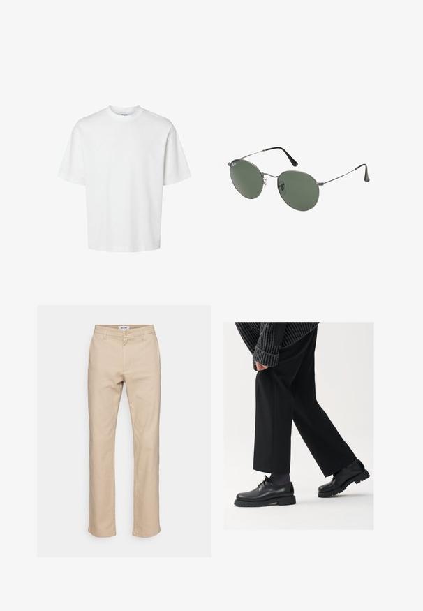 Bílý bavlněný tričko s krátkými rukávy, klasickým kulatým výstřihem a volným střihem. Hladká textura bez viditelných vzorů nebo akcentů.; Béžové bavlněné kalhoty se střihovým designem rovnými nohavicemi, s knoflíkovým zapínáním, poutky na pásek a bočními kapsami. Hladká textura.; Černé kožené boty s kulatou špičkou, šněrovací design a silnou strukturovanou podrážkou. Noseny s dobře padnoucími černými kalhotami a žebrovaným svetr.; Sluneční brýle s kovovým rámem a oválnými zelenými skly. Tenký stříbrný kovový rám a černé chrániče uší. Minimalistický design, žádné viditelné logo.