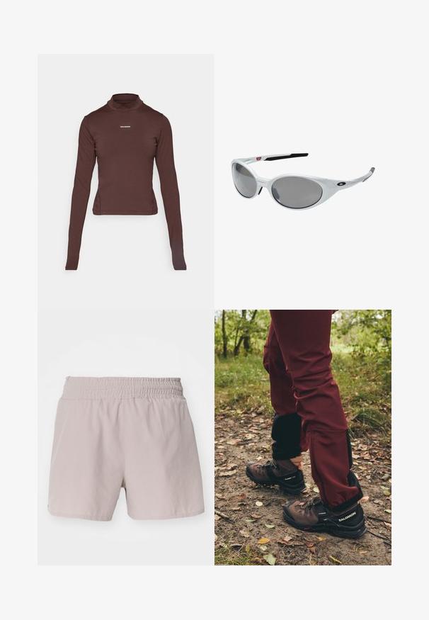 Ruskea pitkähihaisuus tiukasti istuva poolopaita, jossa on pieni valkoinen "Salomon" -logo keskiössä rinnassa valkoista taustaa vasten.; Vaaleanbeiget shortsit, joissa on joustava vyötärö, sileä pinta ja yksinkertainen muotoilu. Ei näkyviä kiinnityksiä tai kaavioita.; Ruskeat vaelluskengät mustilla yksityiskohdilla ja karkeilla pohjilla, yhdistettynä viininpunaisiin vedenpitäviin housuihin, joissa on mustat sivupaneelit ja vetoketjut.; Valkoiset muoviset aurinkolasit suurilla soikeilla linsseillä, harmaasävyiset. Varusteena mustat korvavarret ja pieni logo kehyksessä. Sileä pinta.; Salomon ACTIVE SKIN 12 SET UNISEX - Juomareppu - black