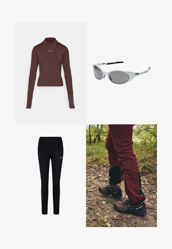 Brown long-sleeve fitted turtleneck shirt with small white "Salomon" logo centered on the chest against a white background.; Black leggings made of stretch fabric, featuring a high waistband and a small logo on the left thigh, designed for comfort and mobility.; Brown hiking boots with black accents and rugged soles, paired with maroon waterproof pants featuring black side panels and zippers.; White plastic sunglasses with large oval lenses, gray tinted. Features black ear grips and a small logo on the frame. Smooth finish.; Salomon ACTIVE SKIN 12 SET UNISEX - Hydration rucksack - black; Black gloves made from a textured fabric, featuring finger segmentation and a touch-sensitive fingertip. "SALOMON" logo in white on the side.