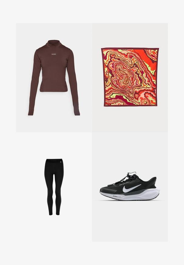 Brun langærmet tætsiddende polo skjorte med lille hvid "Salomon" logo centreret på brystet mod en hvid baggrund.; Sorte leggings lavet af strækbart materiale med høj talje og glat tekstur. Ingen mønstre; enkelt og kropsnært design.; Sorte atletiske sko med en tekstureret overdel, kontrasterende hvidt logo og en polstret hvid sål. Har et hurtigt bindingssystem for nem påføring.; Silke kvadratisk tørklæde med et levende abstrakt mønster i rød, pink og grøn, kantet med en dyb bordeaux trim.