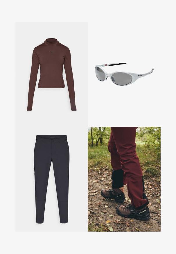 Smeđi uski turtleneck majica dugih rukava s malim bijelim logotipom "Salomon" centriranim na prsima, na bijeloj pozadini.; Tamne sive planinarske hlače od rastezljivog materijala. Imaju zatvarač, dugme za zakopčavanje i uske gležnjeve. Uključuju detalj s logotipom na strani.; Smeđe planinarske čizme s crnim naglascima i robusnim potplatima, uparene s tamnocrvenim vodootpornim hlačama koje imaju crne bočne panele i zatvarače.; Bijele plastične naočale za sunce s velikim ovalnim lećama, sivo zatamnjene. Imaju crne uške i mali logotip na okviru. Glatka površina.; Salomon ACTIVE SKIN 12 SET UNISEX - Ruksak za hidrataciju - black; Crne rukavice od teksturirane tkanine, s segmentacijom prstiju i dodirno osjetljivim vrhom prsta. Logo "SALOMON" u bijeloj boji sa strane.