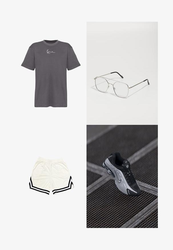 Šedé bavlněné tričko s kulatým výstřihem, krátkými rukávy a bílým podpisovým logem na hrudi. Hladká textura a volný střih.; Bílé sportovní šortky vyrobené z lehké tkaniny, s černými postranními pruhy a kontrastním šipkovým vzorem blízko lemu. Elastický pás.; Sportovní obuv Nike s černo-stříbrným designem. Vyrobena z umělého materiálu s síťovinou a podpůrnou podrážkou s viditelným vzduchovým polstrováním.; Stříbrné kovové brýle s geometrickým osmiúhelníkovým tvarem, průhlednými skly a černými koncovkami na stranicích. Minimalistický design s tenkými obroučkami.