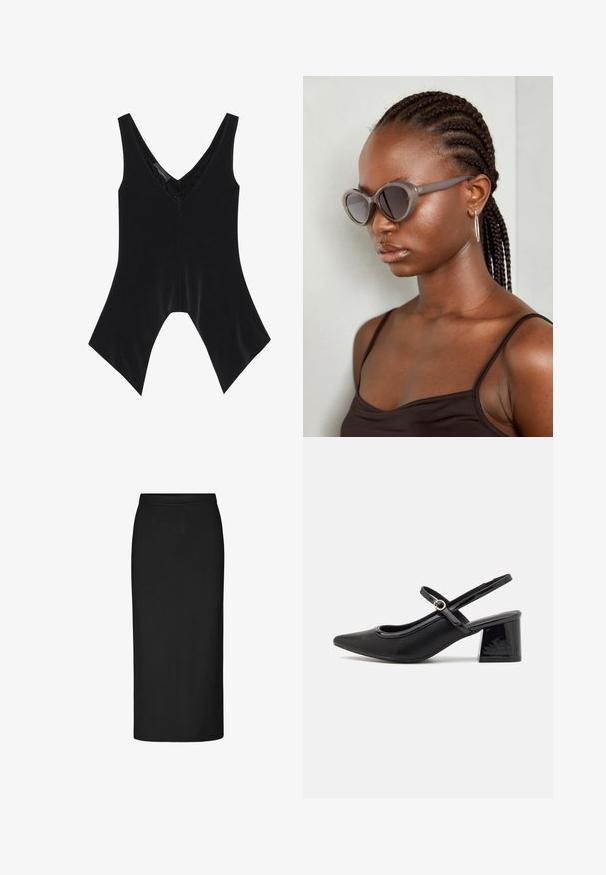 Črna brezrokavnica z V-izrezom, ki ima čipkast detajl na izrezu in značilen razširjen spodnji del. Narejena iz mehke, gladke tkanine.; Črna svila krilo izdelano iz raztegljive tkanine, visok pas, raven kroj, do kolen, z gladko teksturo in brez vidnih okrasitev.; Črne patentne usnjene salonarce s slingback obliko, s koničastim nosom, zaobljenim izrezom in blok peto. Imajo zlato kovinsko zaponko kot dodatno okrasje.; Sive velike sončne očala z zaobljeno obliko in temnimi lečami. Elegantno plastično ogrodje z gladko površino. Model ima spletene lase.