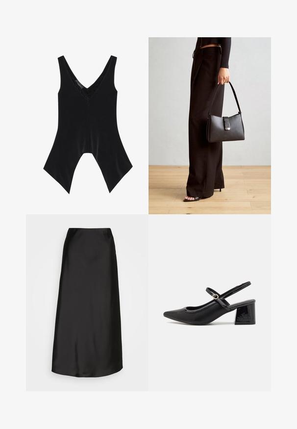 Mustamata varrukateta särk V-kaelusega, millel on pitsdetail kaeluses ja eristuv flare-disain alläär. Valmistatud pehmest ja sujuvast kangast.; Must mustrik midi seelik, millel on sile tekstuur, A-laini kuju ja õrn sära. Toode on lihtsa ja kauni disainiga, ilma kaunistusteta.; Mustad läikivad nahast slingback-kõrged kontsad, millel on terav nina, ümar lõikekujundus ja blokknina. Omab kuldset nupu aktsenti.; Must musta kott, millel on struktureeritud kuju, sile tekstuur ja metallist klamber. Kombineeritud laiate mustade pükstega ja avatud varvaste sandaalidega puidust põrandal.