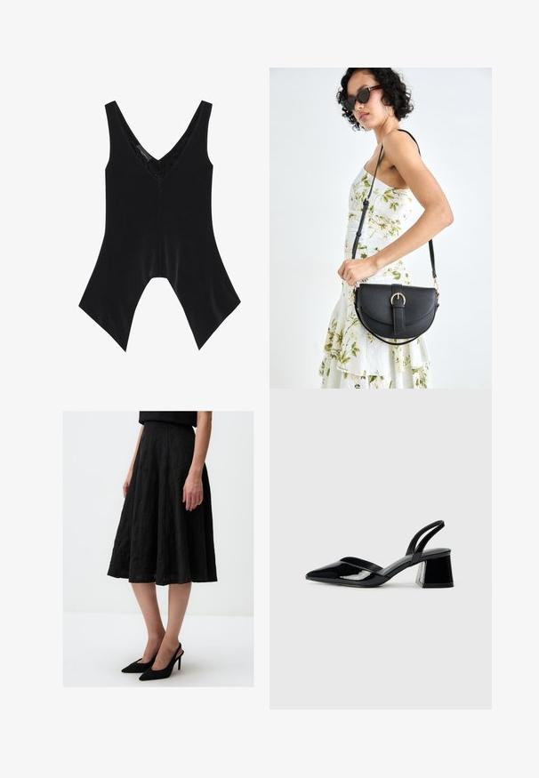 Zwarte mouwloze top met een V-hals, voorzien van kantdetails bij de halslijn en een kenmerkend uitlopende zoomontwerp. Gemaakt van zachte, gladde stof.; Zwarte midi-rok van textuurstof, met een uitlopende snit en een soepele tailleband. Gepaard met zwarte puntige hakken.; Zwarte gepatineerde leren slingback hakken met een spitse neus en een geometrische blokhak. Kenmerkt zich door een slank, minimalistisch ontwerp en een gladde textuur.; Zwarte leren handtas met een gebogen vorm, afneembare schouderband en gouden hardware. De tas heeft een klep met een gespsluiting.