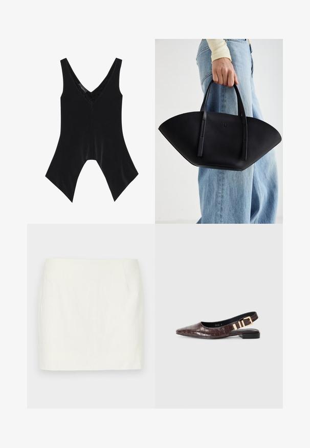 Svart ärmlös topp med V-ringning, med spetsdetaljer vid halsringningen och en distinkt utställd fålldesign. Tillverkad av mjukt, slätt tyg.; Vit linne mini kjol med rak skärning, med sidofickor och en jämn textur. Inga synliga mönster eller detaljer.; RAID RUCHI - Ballerinaskor - brown; Svart läderhandväska med en unik fläktform, som har platta handtag. Ytan har en pebblad textur och en minimalistisk design.