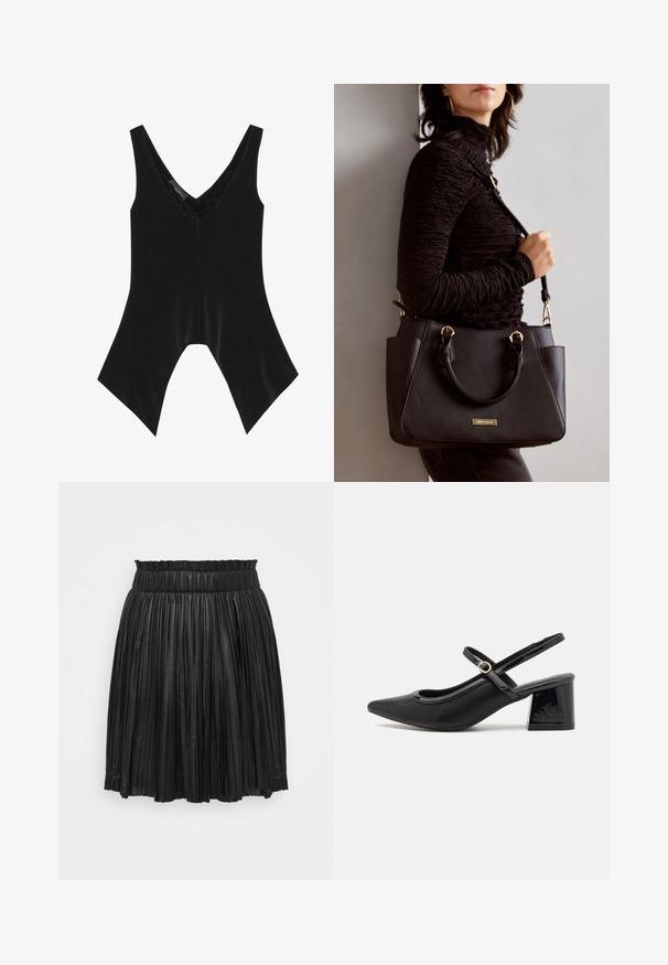 Top preto sem mangas com decote em V, apresentando detalhes de renda na gola e um design distinto de bainha rodada. Feito de um tecido macio e suave.; Saia pregueada preta feita de couro sintético, com uma cintura elástica, comprimento até ao joelho e riscas verticais por toda a peça.; Sabrinas de cerâmica preta com salto bloco, bico apontado e um design com recortes arredondados. Apresenta um detalhe em fivela de tom dourado.; Bolsa preta com superfície texturizada, alças superiores duplas e alça de ombro ajustável. Apresenta ferragens em tom dourado e bolsos laterais.