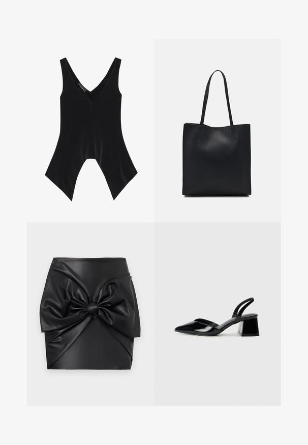 Černý bezrukávový top s výstřihem do V, zdobený krajkovým detailem na výstřihu a charakteristickým rozšířeným lemem. Vyrobeno z měkké, hladké tkaniny.; Černá mini sukně z umělé kůže se širokou přední mašlí, hladkým povrchem a strukturovaným siluetou s detailním skládáním.; Černé lakované kožené lodičky na pásku s špičatou špičkou a geometrickým blokovým podpatkem. Vyznačují se elegantním, minimalistickým designem a hladkým povrchem.; Černá kožená taška přes rameno s hladkým povrchem, obdélníkovým tvarem a dvěma dlouhými uchy. Žádné viditelné kování ani ozdoby.