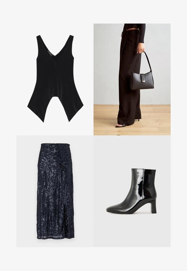 Juodas be rankovių viršus su V formos iškirpte, su nėrinių detalėmis iškirptėje ir išskirtiniu platėjimu apačioje. Pagamintas iš švelnios, lygaus audinio.; Jūrinio tono pailgas sijonas su blizgučiais, turintis lygų paviršių, su prigludusia juosmens dalimi ir šiek tiek išplatėjimu sijono gale. Dizainas sukuria atspindinčias formas.; Juodos lakuotos odinės aulinukės su smailiu pirštu ir vidutinio aukščio blokuotu kulnu. Lygus paviršius ir minimalistinis dizainas.; Juodas rankinė struktūrizuota forma, lygi tekstūra ir metalinis užsegimas. Suporuota su plačiomis juodomis kelnėmis ir atvirais bateliais ant medinių grindų.