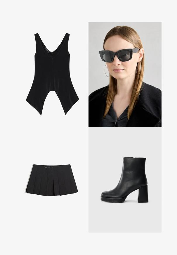 Musta hihaton paita, jossa on V-pääntie, jota koristelee pitsi kaula-aukon ympärillä ja erottuva kellotettu helma. Valmistettu pehmeästä, sileästä kankaasta.; Mustat muotokuvioidut hameet, jotka on valmistettu kankaasta, sisältävät kaksi etunappia, vetoketjukiinnityksen ja suoran helmavirheen.; Musta nahkasaapas nilkkapituisena, jossa on paksu korko ja alustapohja, nähtynä sivulta yksinkertaisella valkoisella taustalla.; Mustan kissakuvioisen aurinkolasit tummilla linsseillä, paksuilla kehyksillä ja hillityillä yksityiskohdilla. Yhdistetty mustaan takkiin ja harmaaseen paitoihin, joissa on pitkät suorat hiukset.