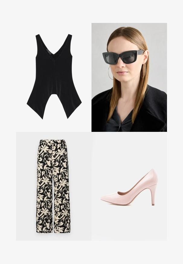 Black sleeveless top with a V-neck, featuring lace detailing at the neckline and a distinctive flared hem design. Made of soft, smooth fabric.; Black wide-leg pants with a cream floral pattern. Made of lightweight fabric, featuring a smooth texture and a high waistband.; Anna Field High heels - light pink; Black cat-eye sunglasses with dark lenses, thick frames, and subtle accents. Worn with a black coat and gray top, featuring long straight hair.