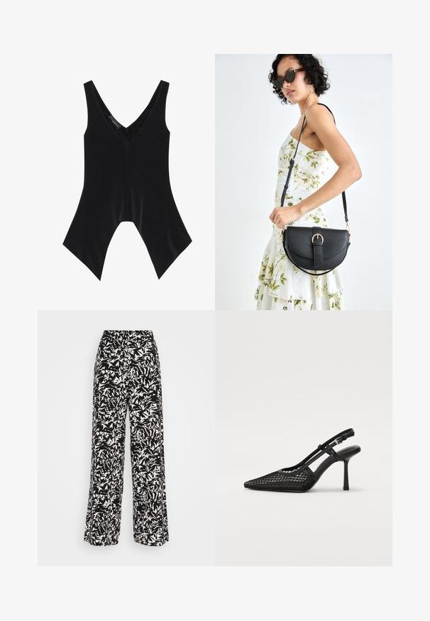 Črna brezrokavnica z V-izrezom, ki ima čipkast detajl na izrezu in značilen razširjen spodnji del. Narejena iz mehke, gladke tkanine.; Hlače širokih nogavic z abstraktnim vzorcem v črno-beli barvi. Narejene so iz lahkotnega materiala z gladko teksturo in visokim pasom.; Črne slingback pete z ostrim nosom, mrežnim materialom in tankim trakcem okrog gležnja. Imajo tanek stiletto peto in izrezljan dizajn.; Črna usnjena torbica s ukrivljeno obliko, z odstranljivo naramnico in zlatimi dodatki. Torbica ima pokrov s podrobnostmi v obliki zaponke.