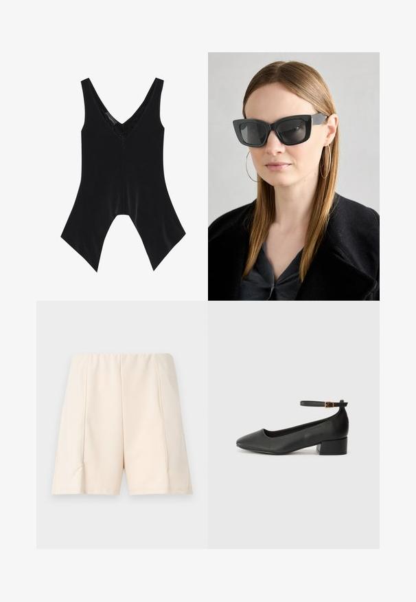 Black sleeveless top with a V-neck, featuring lace detailing at the neckline and a distinctive flared hem design. Made of soft, smooth fabric.; Light beige shorts with a smooth texture, elastic waistband, and side seams. Simple design with no visible patterns or accents.; Black leather pump with a pointed toe and a low block heel. Features an ankle strap with a gold-tone buckle. Smooth texture.; Black cat-eye sunglasses with dark lenses, thick frames, and subtle accents. Worn with a black coat and gray top, featuring long straight hair.; Black tote bag made of synthetic material, featuring simple rectangular design, gold square accents, and double handles.
