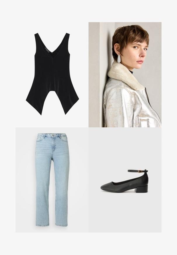 Melna bez piedurknēm blūze ar V veida izgriezumu, ar mežģīņu dekoru pie kakla un izteiksmīgu izplešanos apakšā. Izgatavota no mīksta, gluda auduma.; Gaiši zilas taisnas kājas džinsi ar priekšējo pogu un rāvējslēdzēju, jostu cilpiņām un klasisko piecu kabatu dizainu.; Melnas ādas sūkņi ar smailu purngalu un zemu bloku papēdi. Iezīmēts ar potītes siksniņu ar zelta krāsas sprādzi. Gluda tekstūra.; Sudraba metāla ādas jakas ar aitu vilnas apkakli, piedāvā rāvējslēdzēju un teksturētu virsmu. Lielas asaru formas auskari ar caurspīdīgiem dārgakmeņiem.