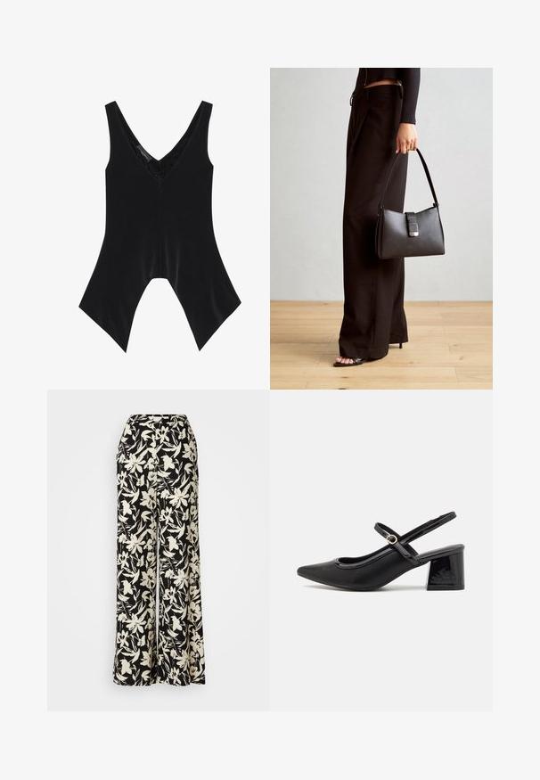 Juodas be rankovių viršus su V formos iškirpte, su nėrinių detalėmis iškirptėje ir išskirtiniu platėjimu apačioje. Pagamintas iš švelnios, lygaus audinio.; Juodai plačios kelnės su baltu gėlių raštu, turinčios aukštą liemenį ir lygaus audinio tekstūrą. Tinka įvairioms progoms.; Juodi patentinio odos slingback aukštakulniai su smailiu pirštu, apvaliu išpjovimu ir blokiniu kulnu. Papuošti auksiniu juostos akcentu.; Juodas rankinė struktūrizuota forma, lygi tekstūra ir metalinis užsegimas. Suporuota su plačiomis juodomis kelnėmis ir atvirais bateliais ant medinių grindų.