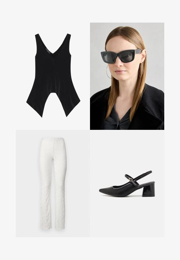 Black sleeveless top with a V-neck, featuring lace detailing at the neckline and a distinctive flared hem design. Made of soft, smooth fabric.; White textured pants featuring a floral pattern, flared leg design, and an elastic waistband for comfort. Smooth fabric finish.; Black patent leather slingback heels with a pointed toe, a rounded cutout design, and a block heel. Features a gold-tone buckle accent.; Black cat-eye sunglasses with dark lenses, thick frames, and subtle accents. Worn with a black coat and gray top, featuring long straight hair.