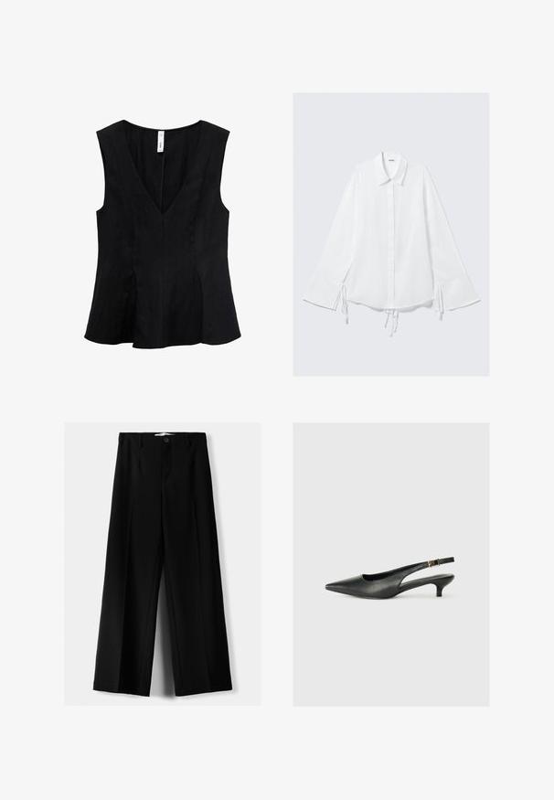 Crna bezrukavna majica s V-izrezom, lepršavim dizajnom i glatkom teksturom. Tkanina izgleda meko s blagim drapiranjem.; Bijela pamučna košulja s kragnom, dugim rukavima i prilagodljivim vezicama na manžetama. Prednji dio s gumbima i blago slobodan kroj.; Crne široke hlače izrađene od lagane tkanine, s prednjim zatvaranjem na dugme i ravnim prednjim dijelom, sa uredno šivenim rubovima.; Crna cipelica s petom i otvorenom petom, izrađena od glatke kože. Ima tanku petu i detalj s kopčom na podesivoj naramenici.