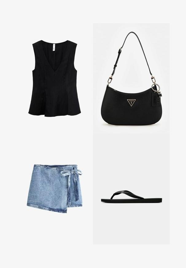 Sort ærmeløs top med V-udskæring, flagrende design og en glat tekstur. Stoffet virker blødt med subtile draperinger.; Denim omslagsskjørt i lyseblå, med en bindefunktion. Stoffet har en tekstureret overflade og et råt kant med kontrasterende syninger.; Sorte gummiflip-flopsandaler med en tekstureret rem og simpel flad sål, vist fra siden på en lys ensfarvet baggrund.; Sort syntetisk skuldertaske med en buet silhuet, tekstureret overflade, gyldent trekantet logo og aftagelige hardware-detaljer.