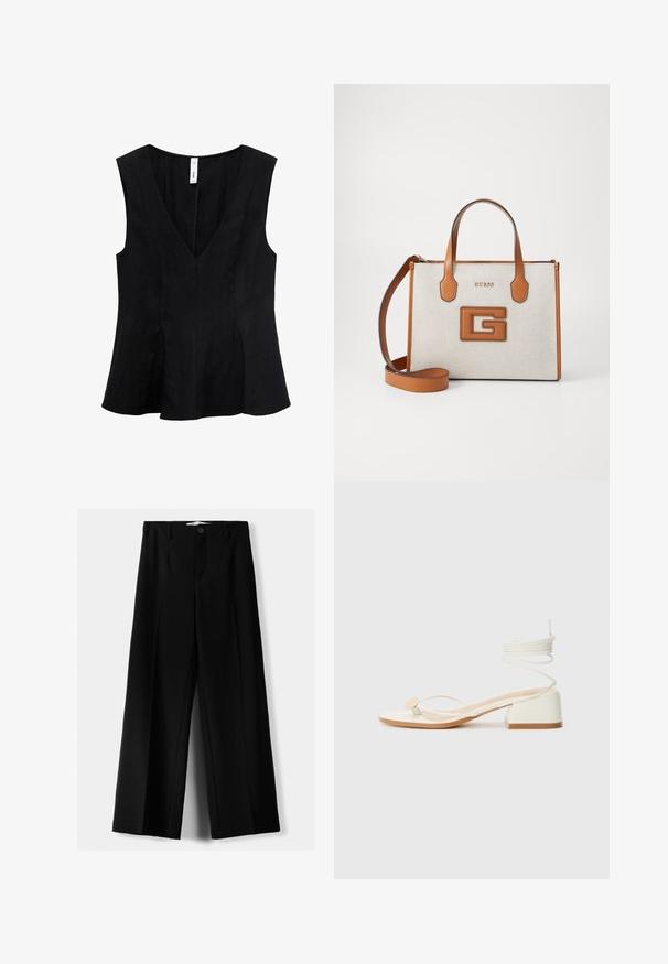 Sort ærmeløs top med V-udskæring, flagrende design og en glat tekstur. Stoffet virker blødt med subtile draperinger.; Sorte brede bukser lavet af letvægtsstof, med frontknaplukning og glat front, samt pænt syede kanter.; Hvide hælede sandaler med firkantet hæl, tynde stropper og en rund detalje. Har en tekstureret sål og en snoet snørredetalje ved anklen.; Brun og beige håndtaske med logo, struktureret stof, to håndtag og aftagelig skulderrem. Har guld skrift og et distinkt G emblem.