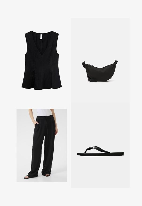 Sort ærmeløs top med V-udskæring, flagrende design og en glat tekstur. Stoffet virker blødt med subtile draperinger.; Sorte, løse bukser lavet af blødt stof med elastisk talje, justerbar snor og sidelommer. Bredde ben design.; Sorte gummiflip-flopsandaler med en tekstureret rem og simpel flad sål, vist fra siden på en lys ensfarvet baggrund.; Sort stof crossover tas med en buet form, lynlåslukning, justerbar rem og en lille sidelomme til ekstra opbevaring.